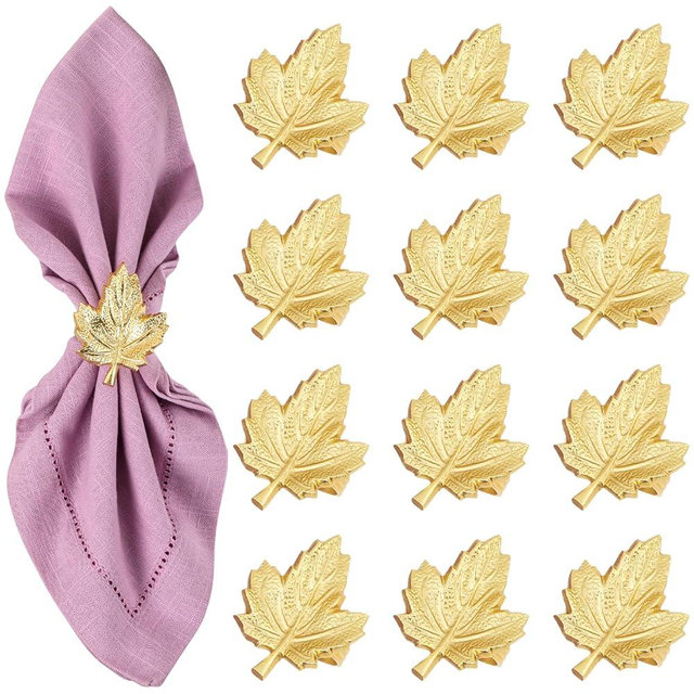 CLEENTABLE Maple Leaf Napkin Rings Set of 12 - Handcrafted Aluminum Napkin Holders for Cloth & Paper Napkins, Elegant Table Décor for Weddings, Thanksgiving, Christmas & Holiday Parties (Gold)