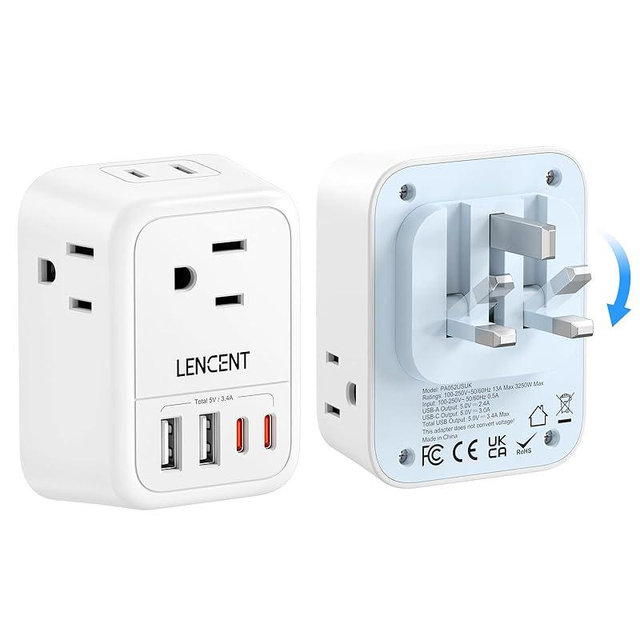 LENCENT Foldable US to UK Ireland Plug Adapter, Type G Travel Outlet Adapter with 4 USB Charger(2 USB C), Power Adaptor for USA to Scotland Dubai Hong Kong England British Kenya London