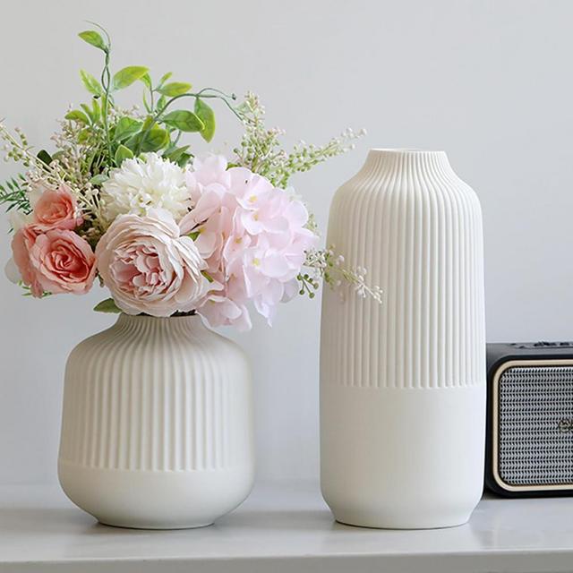 Ceramic Flower Vase Set 2 Large Matte White Vase for Home Decor Ribbed Vases for Room Office Shelf Decor, Simple Yet Gorgeous Classic Nordic Style Vases for Fresh Dried Flowers Pampas Grass, 10 inch