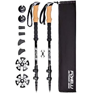 Foxelli Carbon Fiber Trekking Poles – Collapsible, Lightweight, Shock-Absorbent, Hiking, Walking & Running Sticks with Natural Cork Grips, Quick Locks, 4 Season/All Terrain Accessories and Carry Bag