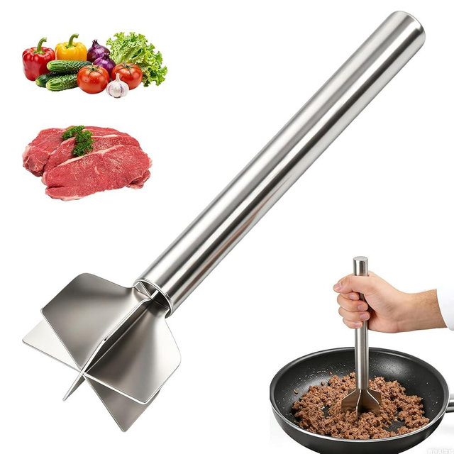 Meat Masher, Stainless Steel 6 Blade Ground Beef Chopper Tool with Long Handle, Masher Shredder for Potato Hamburger Vegetable Puree, Dishwasher Safe