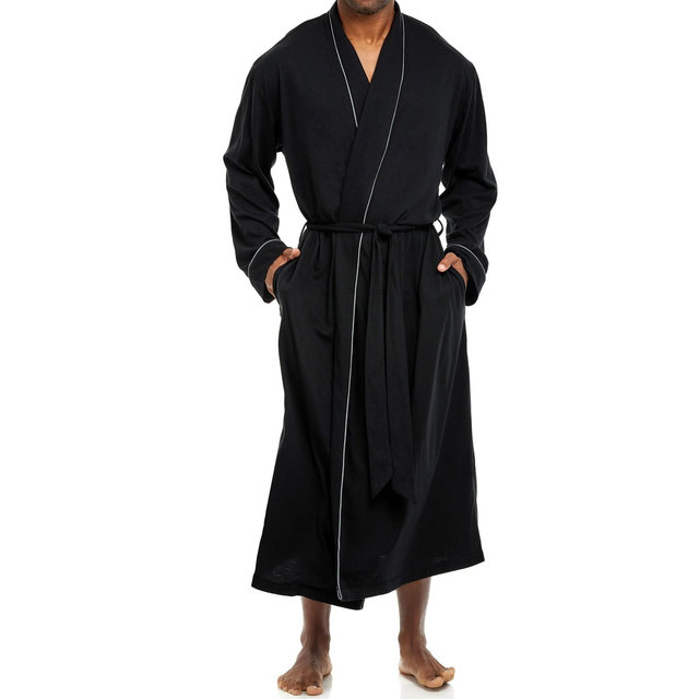 ADR Mens Long Knit Lounge Robe with Pockets Black Large