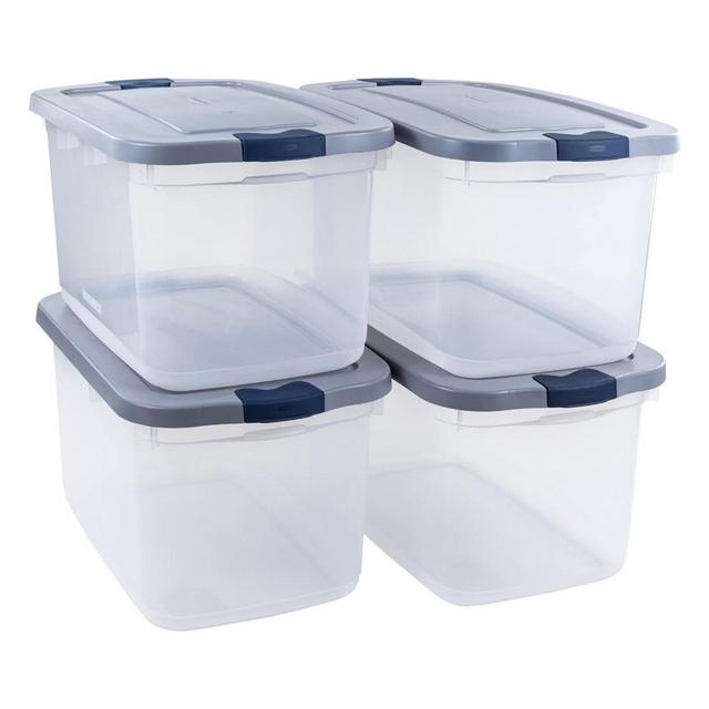 Rubbermaid 4 Pack Roughneck Clear Storage Containers, Stackable Heavy-Duty Totes for Garage or Closet Organization with Snap-Fit Lids, 66 Quart