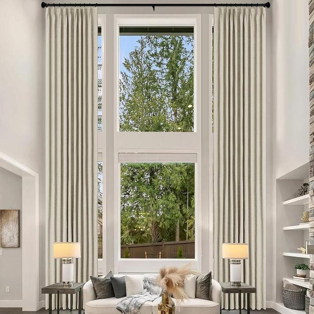 Fcosie Pinch Pleat Extra Long Linen Blackout Curtains 132 Inch Length / 100% Black Out Drapes / 9 10 12 14 15 16 17 18 20 24 ft Tall Custom-Made Curtain Panel (1 PC), 100" W x 132" L, Beige
