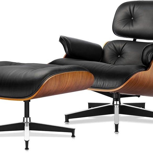 Top Black Grain Leather, Mid Century Chaise Lounge Chair and Ottoman, Modern Chair Classic Design, Walnut Wood, Heavy Duty Base Support for Living Room Office