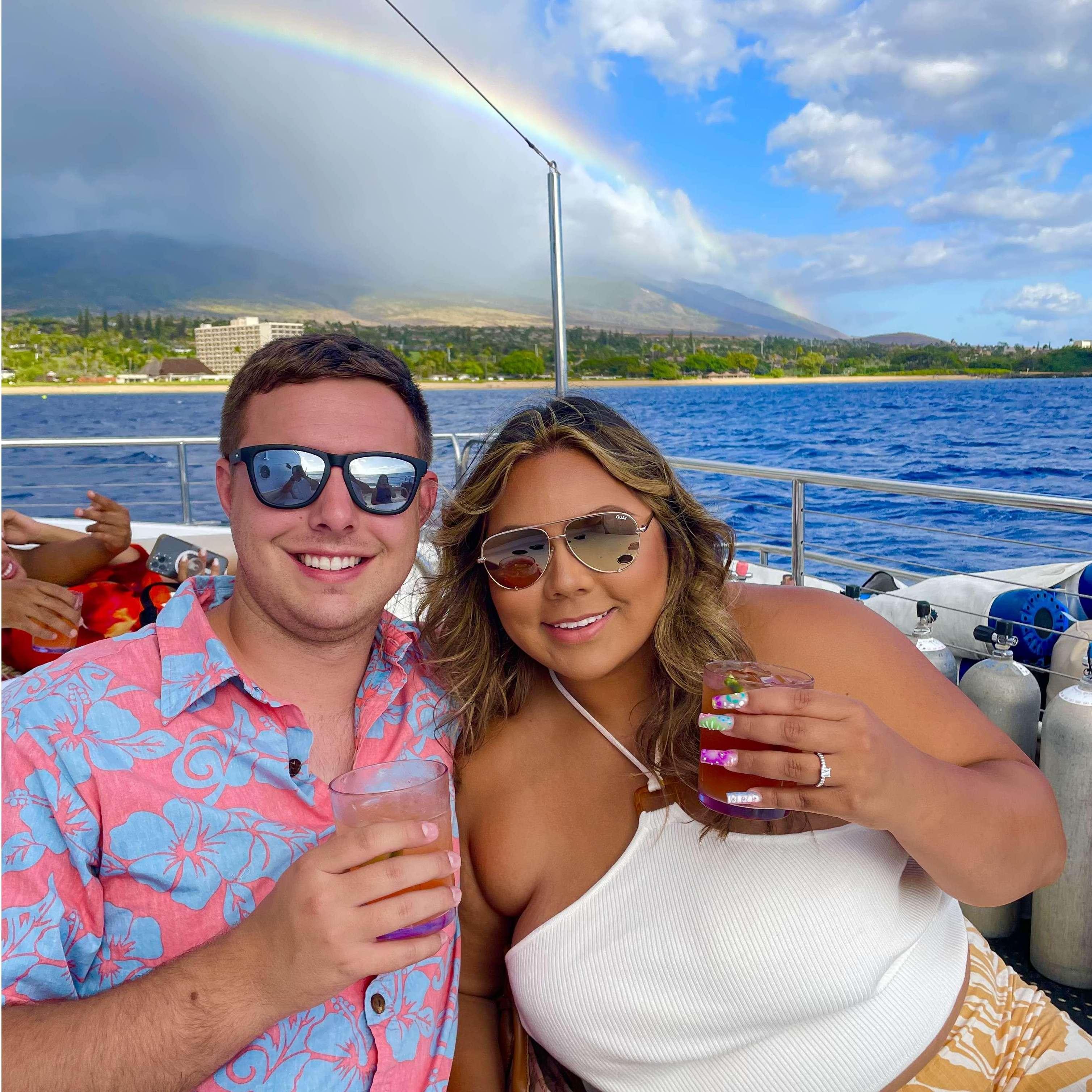 Sunset cruise in Hawaii treated us with a spectacular rainbow.