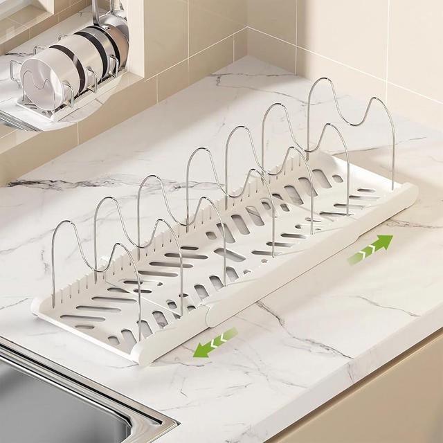 Yuzi Pots and Pans Organizer Under Cabinet - Expandable Pot Lid Holder with 7 Adjustable Dividers for Kitchen Cabinet, Baking Pan and Tray Organizer, Cookware Baking Frying Rack