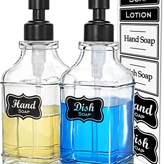 JASAI 2Pack Soap Dispenser with Rustproof Black 304 Stainless Steel Pump, Stylish Hand Soap Dispenser with 10Pcs Stickers, Refillable Glass Soap Dispenser for Kitchen & Bathroom