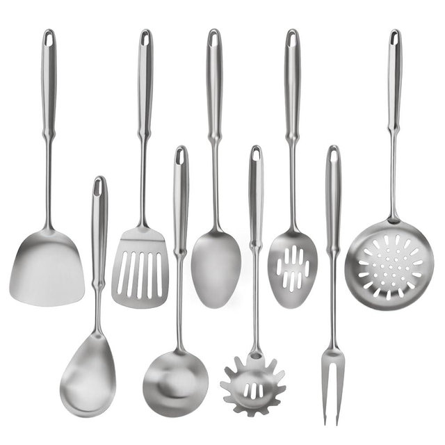 304 Stainless Steel Cooking Utensils Set, 9 PCS Metal Stainless Steel Kitchen Utensils Set, Serving Spoon, Spaghetti Spoon, Skimmer, Meat Fork etc (Dishwasher Safe)