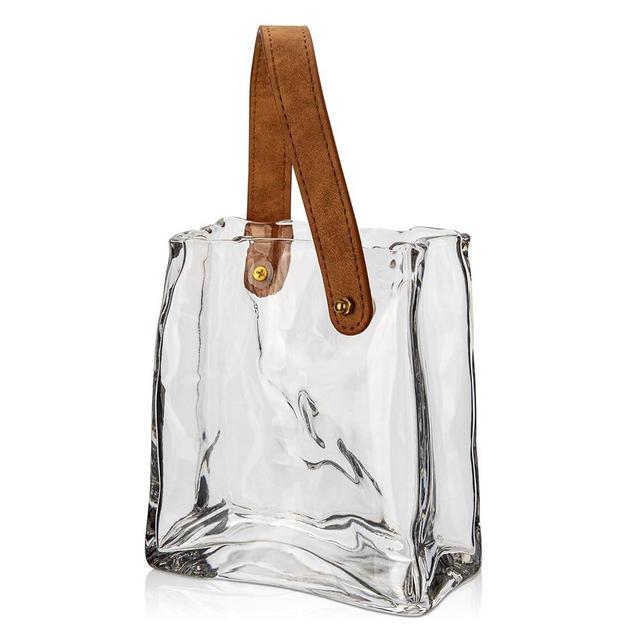 Glass Purse Vase for Flowers Clear Vases for Centerpieces Glass Bag Vase with Leather Handle Small Bag Vase for Decor Decorative Fish Bowl Handbag Vase for Home Wedding Decor