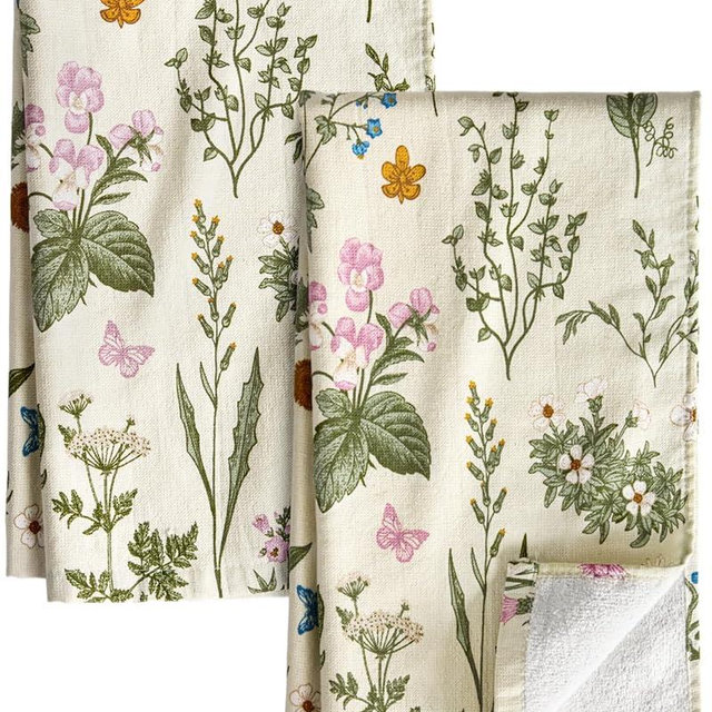 Miss Adola Cotton Kitchen Towels Set of 2 - Cute Design 16×26 Inch Dish Towels for Kitchen with Hanging Loop Line Flower Quick Dry Hand Towels Soft & Absorbent, Decorative Terry Cloth Tea Towels