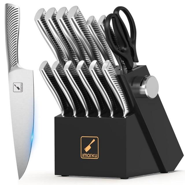 imarku 14-Piece Knife Block Set, Knife Set with Block and Build-in Sharpener, Japanese Stainless Steel Knife Set for Lasting Sharpness, Dishwasher Safe, Black