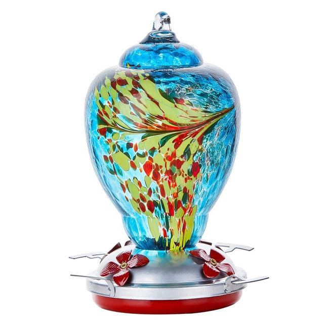 WOSIBO Hummingbird Feeder for Outdoors Patio Large 32 Ounces Colorful Hand Blown Glass Hummingbird Feeder with Ant Moat Hanging Hook, Rope, Brush and Service Card (Blue)