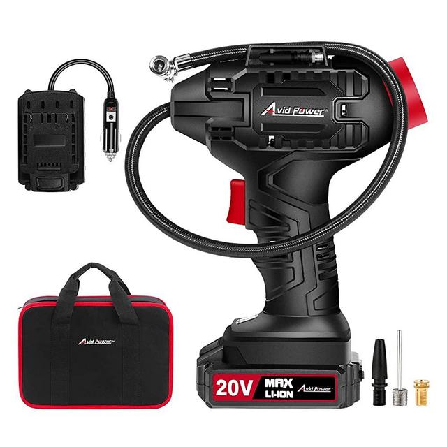 AVID POWER Tire Inflator Air Compressor, 20V Cordless Car Tire Pump with Rechargeable Li-ion Battery, 12V Car Power Adapter, Digital Pressure Gauge (Black)