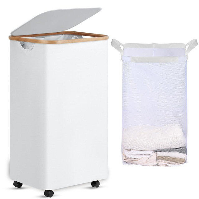 efluky Laundry Basket with Wheels, Tall Rolling Laundry Hamper with Lid and Removable Bag, Aesthetic Dirty Clothes Hamper on Wheels for Laundry Room, Bedroom, Dorm and Bathroom, 100L White
