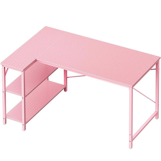 Huuger L Shaped Desk, 47 Inches Computer Desk with Reversible Storage Shelves, Gaming Desk, Corner Desk Home Office Desks, Writing Desk Study Desk with Metal Frame, Pink