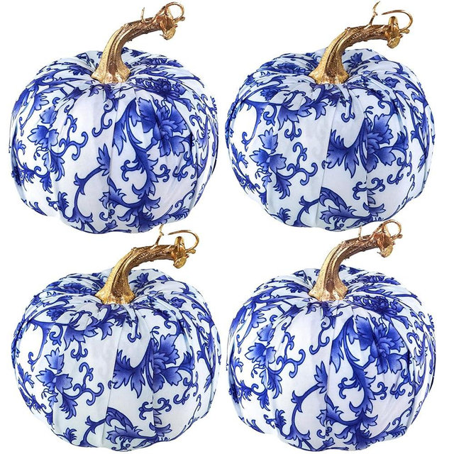 Winlyn 4 Pcs Faux Decorative Blue and White Fabric Pumpkins Chinoiserie Chic Pumpkins Foam Pumpkins for Gifts Farmhouse Thanksgiving Halloween Fall Wedding Table Centerpiece Mantel Bowl Decorations