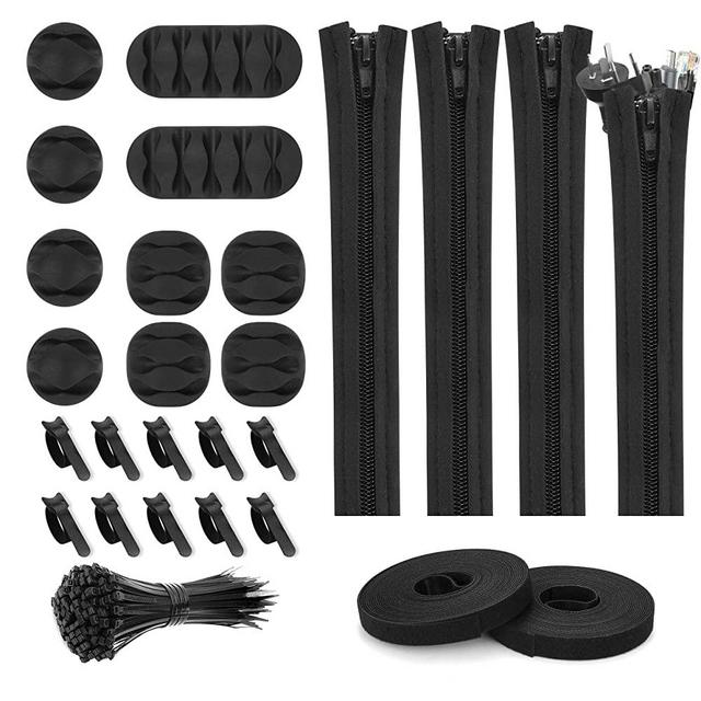 124pcs Cord Management Organizer Kit 4 Cable Sleeve with Zipper,10 Self Adhesive Cable Clip Holder,10pcs and 2 Roll Self Adhesive tie and 100 Fastening Cable Ties for TV Office Home etc (Black)