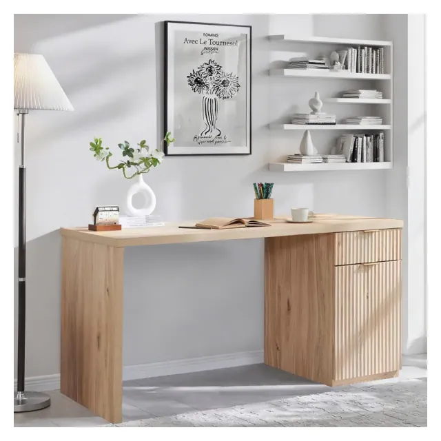 60" Executive Desk, Wood Modern Home Office Desk with Drawer & Cabinet, Fluted Computer Writing Desk for Living Room, Bedroom, Oak