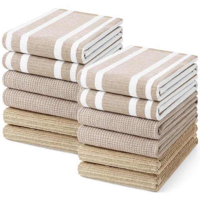 Homaxy Premium Kitchen Towels(18”x 28”, 12 Pack), Large Cotton 380 GSM Kitchen Hand Towels, Soft and Absorbent Terry Dish Towels, Multipurpose Tea Towel Set with Hanging Loop, Khaki