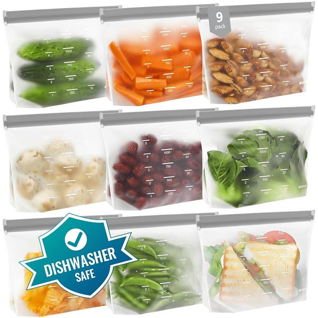 Dishwasher Safe Reusable Storage Bags Stand Up - BPA Free PEVE Reusable Sandwich Bags - Leakproof Gallon Freezer Bags, Silicone Food Storage Bags (Multicolor (9 Sandwich))