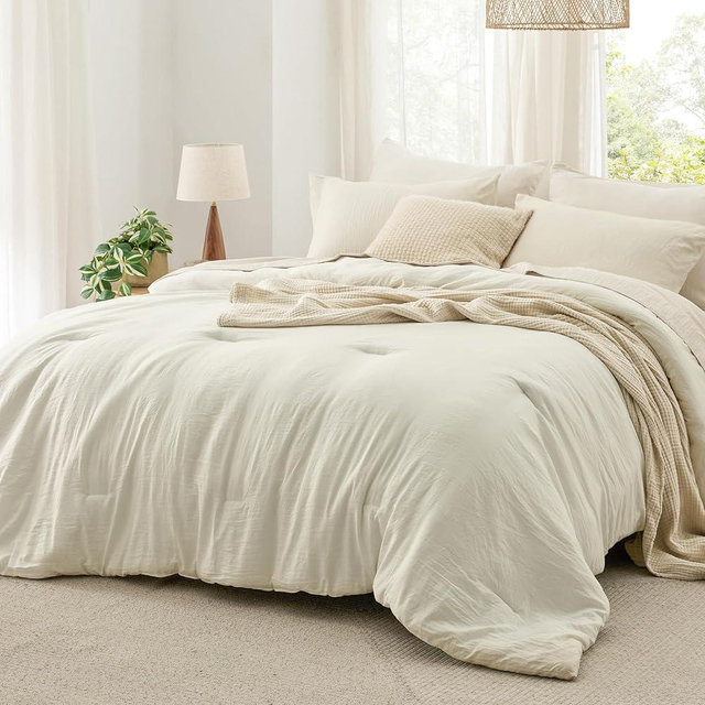 Bedsure King Size Comforter Set, Ivory Soft Prewashed Bedding for All Seasons, 3 Pieces GentleSoft™ Warm Down Alternative Bed Set, 1 Lightweight Comforter (104"x90") and 2 Pillowcases (20"x36")