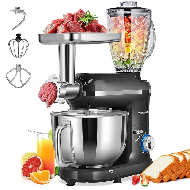 VIVOHOME 3 in 1 Multifunctional Stand Mixer with 6 Quart Stainless Steel Bowl, 650W 6 Speed Tilt-Head Meat Grinder, Juice Blender, Black