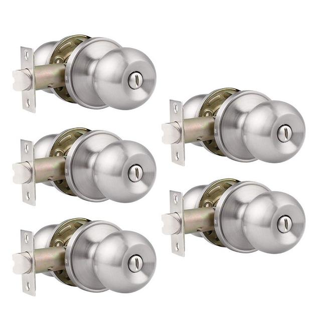 Probrico(5 Pack Bed/Bath Room Round Door Knob,Privacy Function for Bathroom/Bedroom,Interior Door Door Lock Handle Satin Nickel Finish, Keyless(Thumb Turn Lock on The Inside) Door Handles Locks