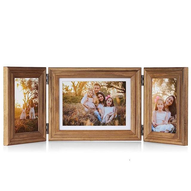 Tamolus 3 Vertical Horizontal Hinged Wood Picture Frame 4x6 and 5x7 Triple Folding Photo Frame Home Decor with Real Glass Front in Distressed Farmhouse Wood Grain for Tabletop, Display 4x6 with Mat or 5x7 without Mat X2-MU-465746