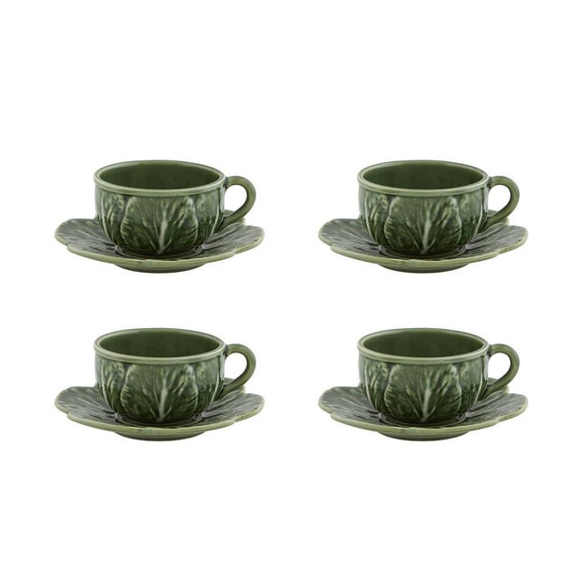 Bordallo Pinheiro Cabbage Tea Cup & Saucer, Set of 4, Green