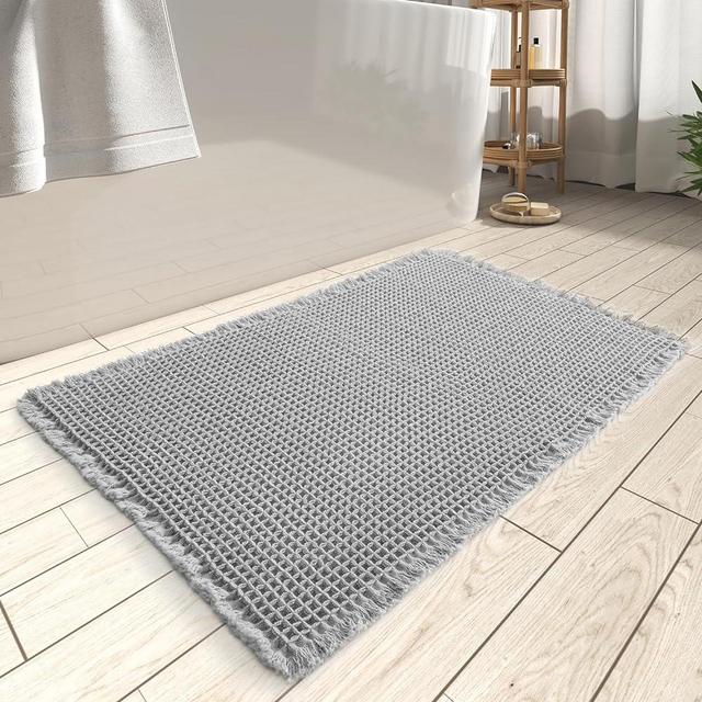 AMOAMI Upgraded Waffle Bath Mat, Super Absorbent Non Slip Bath Mats for Bathroom Floor, Machine Washable Bathroom Rugs with Tassels, Rubber Backed Bathroom Mats, Ultra Soft, 24" x 36", Grey