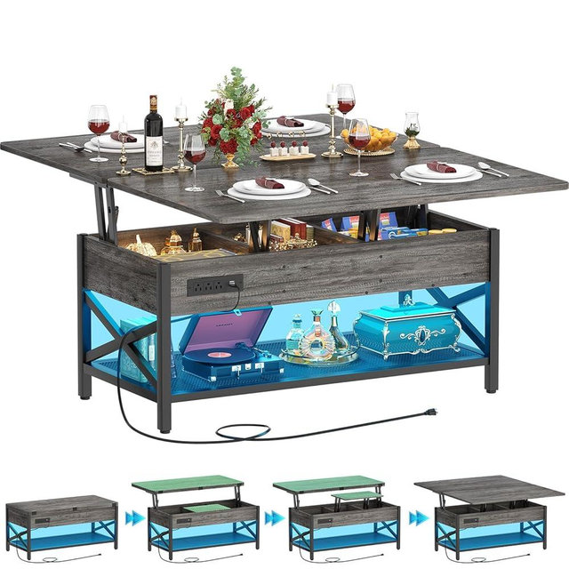 Aheaplus Coffee Table Lift Top Multi-Function Coffee Table Converts to Dining Table, with LED Light and Power Outlet, Center Table with Shelves for Living Room Reception Home Office, Black Oak