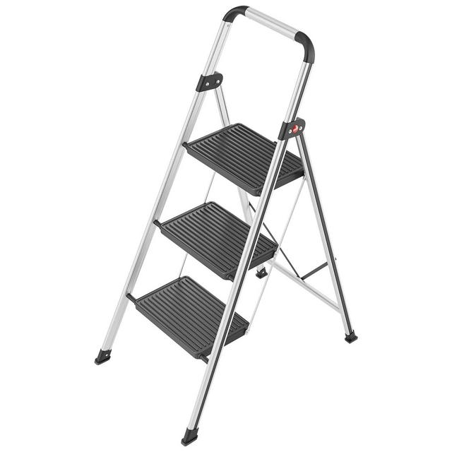 Hailo Folding Step Stool, Non-Slip Collapsible 3 Step Ladder with 8.5 Foot Reach for Garage, Home & Kitchen, K71, Silver