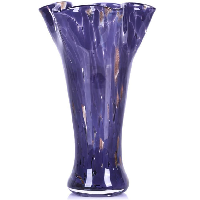 9.0" H Purple Glass Vases for Flowers, Hand Blow Glass Vase Purple Home Decor, Wide Mouth Flower Vase Centerpieces, for Bookshelf,Dinner Table,Indoor Office Desktop,Meeting Room,Bathroom,Countertop
