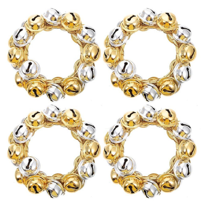 Luxshiny Christmas Bells Wreath Napkin Ring, 4Pcs Mini Craft Jingle Bells Napkin Buckles Candle Wreath Ring Holder for Xmas Dinner Table Centerpice Decor Golden, Silver
