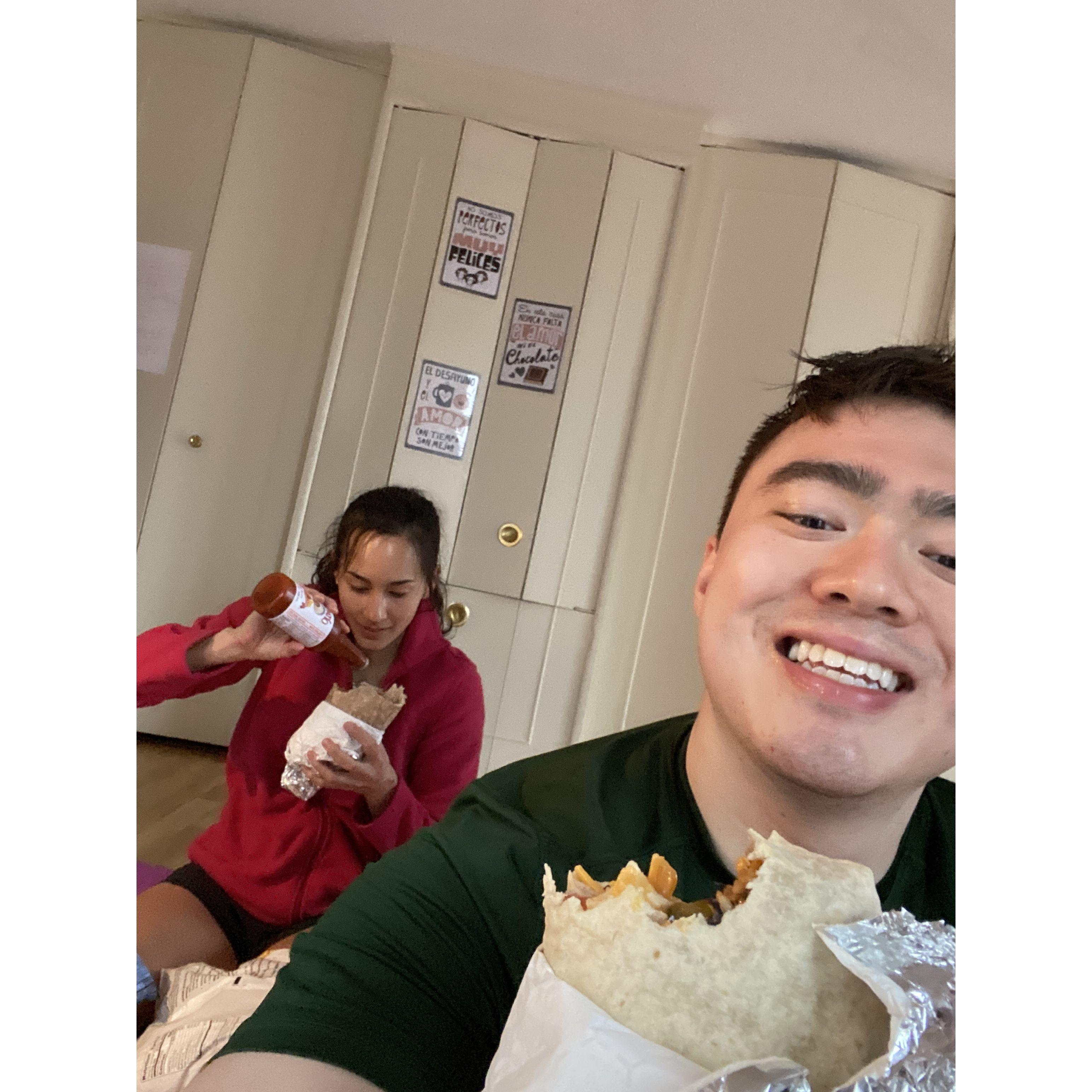 One time Jacqueline's uncle bullied us into doing 500 burpees consecutively. This is a photo of us eating burritos on the floor afterwards