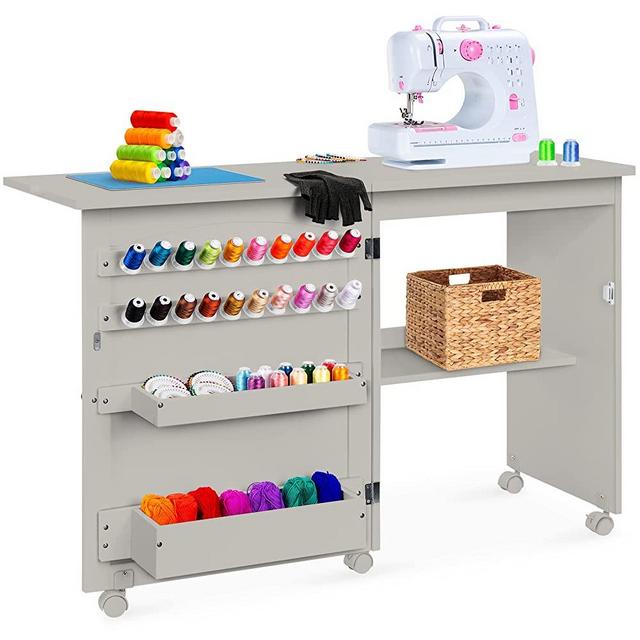 Best Choice Products Folding Sewing Table Multipurpose Craft Station & Side Desk with Compact Design, Wheels, Shelves, Bins, Pegs, Magnetic Doors, Metal Doorknobs - Gray