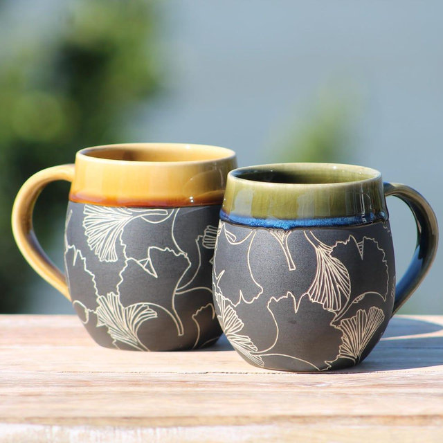 Handmade Carved Ceramic Mug | Ginkgo Leaves | Wheel Thrown Stoneware | Sgraffito | 1 Mug