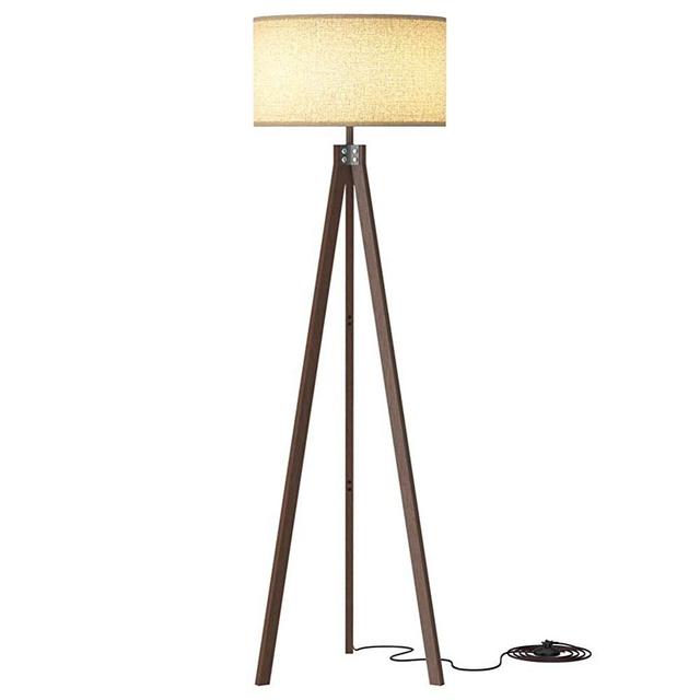 LEPOWER Wood Tripod Floor Lamp, Mid Century Tall Standing Lamp, Vintage Design Studying Light with Solid Wood Legs for Living Room, Bedroom and Office, Flaxen Lamp Shade with E26 Lamp Base