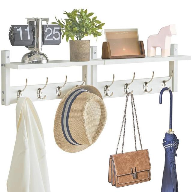 YMYNY Coat Rack Shelf Wall Mounted, Coat Hooks Set of 2, Entryway Coat Hanger with 4 Double Hooks, 31.5" Wall Floating Shelf with Hat Rack, for Kitchen, Bedroom, Bathroom, White UHWS001W-2