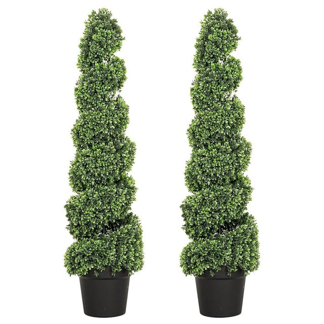 VIVATREES 4FT UV-Resistant Artificial Boxwood Spiral Topiary Tree, Faux Outdoor Plant for Indoor Outdoor Garden Porch Decor, Set of 2