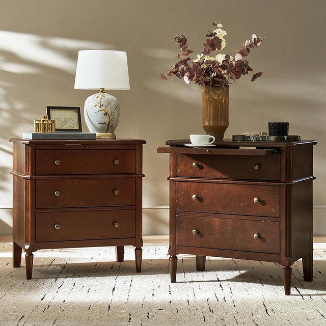HULALA HOME End Table with Charging Station & Hidden Drawer, 30" Tall Side Table with Pull-Out Shelf, Rubberwood Legs(Set of 2, Walnut)
