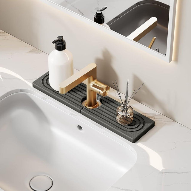 16 Inch Stone Faucet Mat for Kitchen Sink Splash Guard - Diatomite Quick Dry Stone Mat Kitchen Sink Protectors, Water-Absorbent Faucet Handle Drip Catcher Tray with Drainage (Dark Gray, 15.7" x 3.9")