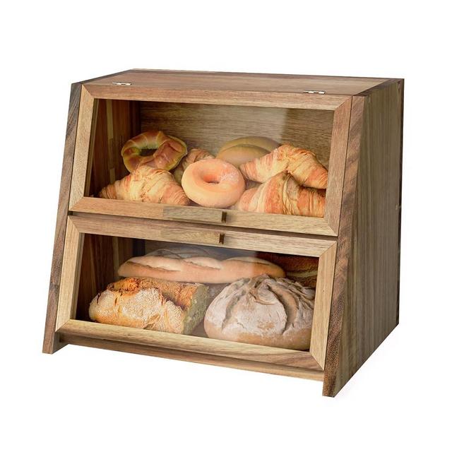 Acacia Wood Bread Box for Kitchen Countertop, Double Layer Natural Wooden Bread Storage Container, with Clear Windows, Back Air Vent, Large Bread Boxes for Keeping Food Fresh in Home and Kitchen