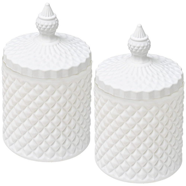 Qtip Holder Dispenser Apothecary Glass Jar - Bathroom Storage Canister for Cotton Ball, Pad, Hair Tie, Bath Salts, Floss - Vanity Organizer (White+White, Small)