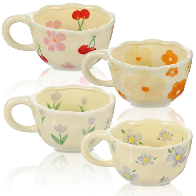 Lemecima 4 Styles Cute Ceramic Flower Coffee Mug Set 8.5 oz Vintage Aesthetic Porcelain Floral Tea Coffee Cup with Handle Dishwasher Microwave Safe for Thanksgiving Christmas Gifts for Women Gifts