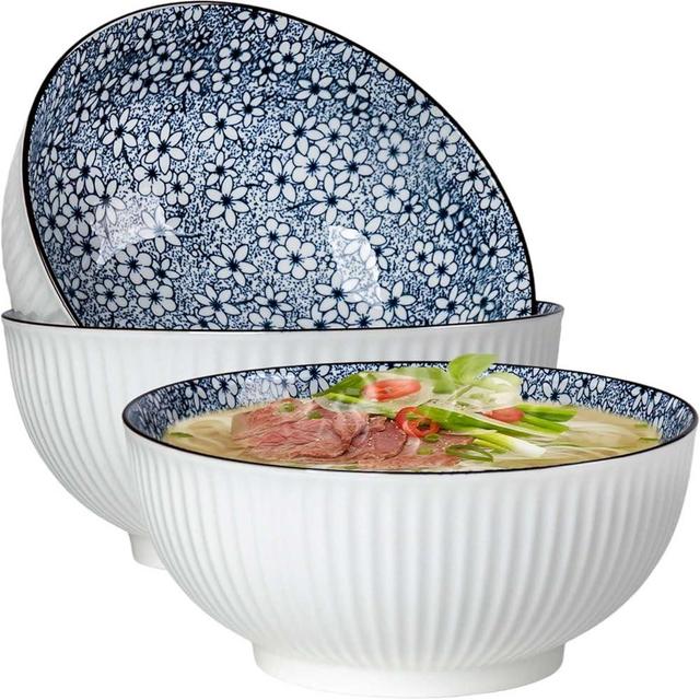 QINLANG 60 oz Large Soup Bowl, Pho Bowls, Japanese Ramen Bowls Set of 3, 8 in Blue and White Porcelain Big Bowls for Eating - Floral Pattern