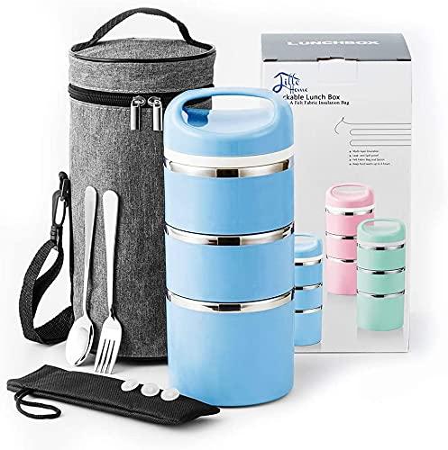 Lille Home Stackable Stainless Steel Thermal Compartment Lunch/Snack Box, 3-Tier Insulated Bento/Food Container with Upgraded Lunch Bag, Portable Cutlery Set and 3 Extra Silicone Seals, 43 OZ, Blue