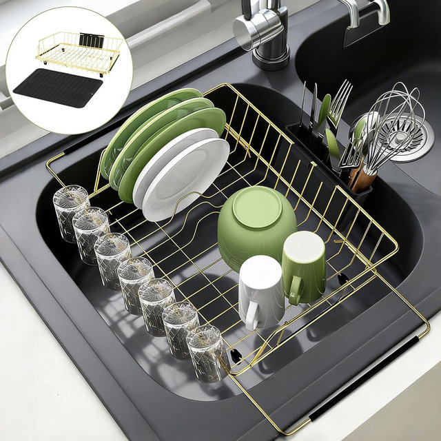 HAYAWEY Golden Expandable Dish Drying Rack with Silicone Drying Mat-Extra Large Stainless Steel Dish Drainer Over The Sink with Utensil Holder, Applicable for Sink Width 16'-22' (Gold,23.2'*12.2')