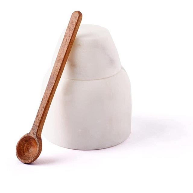 Marble Salt Cellar with Lid and Spoon - Handmade Salt Holder for Counter or Table